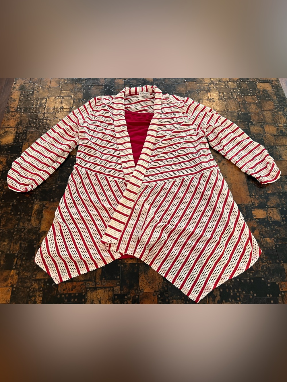 Kim Rogers Red and White Striped Open-Front Knit Cardigan with Attached Tank